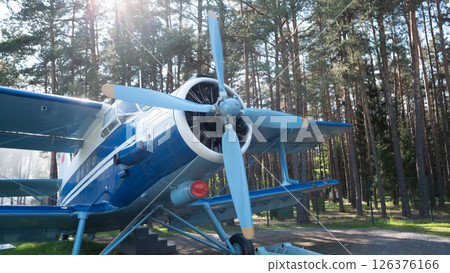 A vintage Soviet airplane stands proudly among tall trees, illustrating the historical significance of aviation in the USSR during the 20th century. 126376166