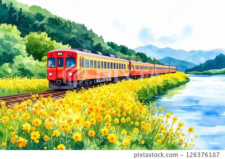 Train and flowers running along the river Train and flowers running along the river 126376187