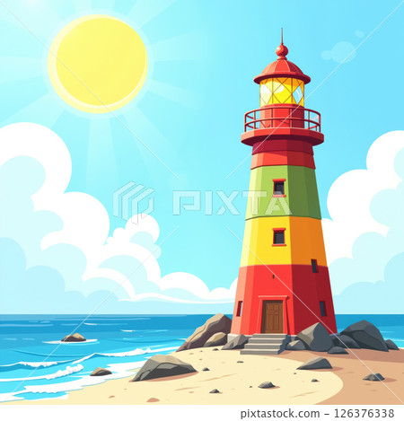 Colorful lighthouse on a sunny beach. 126376338