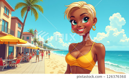 Smiling woman on a beach. 126376368