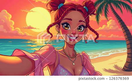 Sunset selfie with joyful woman. 126376369