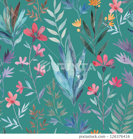 Seamless pattern with wild cute elegant abstract flowers. Watercolor hand-drawn illustration Seamless pattern with wild cute elegant abstract flowers. Watercolor hand-drawn illustration 126376416