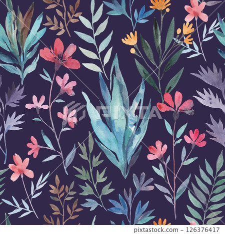 Seamless pattern with wild cute elegant abstract flowers. Watercolor hand-drawn illustration Seamless pattern with wild cute elegant abstract flowers. Watercolor hand-drawn illustration 126376417