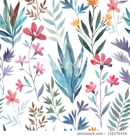 Seamless pattern with wild cute elegant abstract flowers. Watercolor hand-drawn illustration Seamless pattern with wild cute elegant abstract flowers. Watercolor hand-drawn illustration 126376418