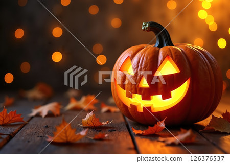 Glowing jack-o-lantern on a wooden table. 126376537