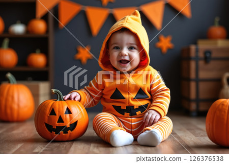 Adorable baby in pumpkin costume holding a jack-o-lantern. 126376538