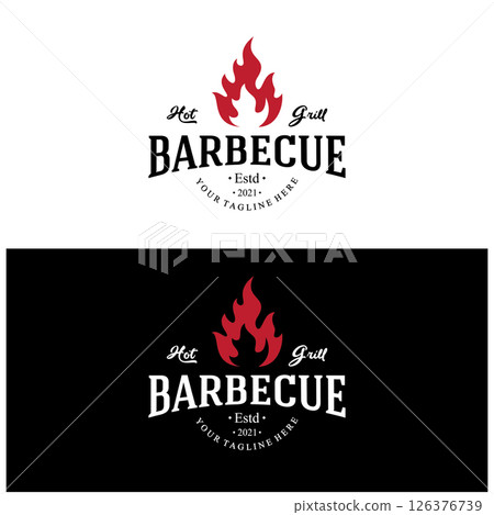Simple Barbecue Vintage hot grill, with crossed flames and spatula. Logo for restaurant, badge, cafe and bar.vector 126376739