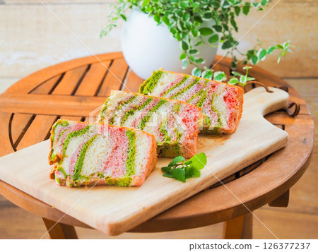 A fluffy chiffon cake with a beautiful zebra pattern and three-colored batter 126377237