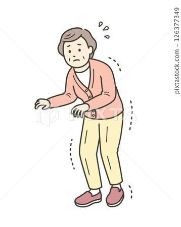 Illustration of an elderly woman with trembling and stiff limbs walking fearfully 126377349