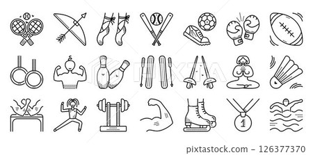 Types of sports, sporty items, black line icon set, 480x480 px signs. 21 vector pictograms 126377370