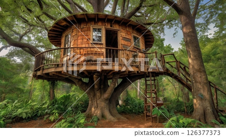 A dreamlike afternoon surrounded by the whispers of the forest and sunlight filtering through the trees, where a treehouse filled with someone's dreams and secrets still lingers. 126377373