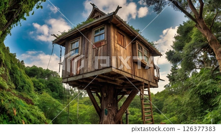 A dreamlike afternoon surrounded by the whispers of the forest and sunlight filtering through the trees, where a treehouse filled with someone's dreams and secrets still lingers. 126377383