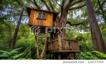 A dreamlike afternoon surrounded by the whispers of the forest and sunlight filtering through the trees, where a treehouse filled with someone's dreams and secrets still lingers. 126377384