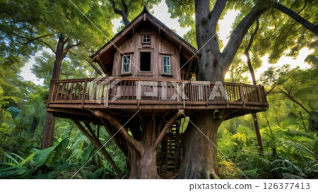 A dreamlike afternoon surrounded by the whispers of the forest and sunlight filtering through the trees, where a treehouse filled with someone's dreams and secrets still lingers. 126377413