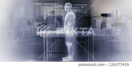 A conceptual image of a factory worker standing at a desk, made from transparent x-ray material. Generated image 126377439