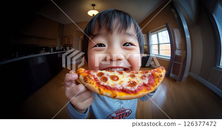 Happy child enjoying a delicious snack in natural daylight, captured with a fish eye lens. Generated image 126377472