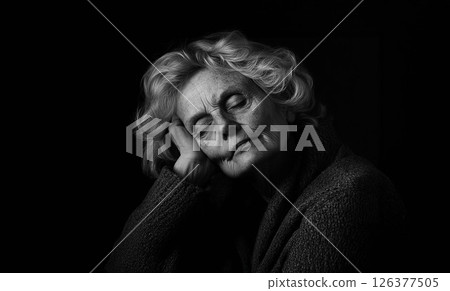 Senior woman looking exhausted with her head resting on her hand, reflecting a moment of fatigue. Generated image 126377505