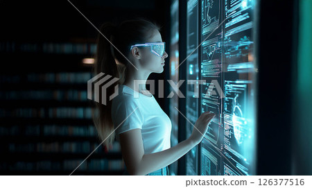 Young student using hologram technology and artificial intelligence to search for a book in the library. Generated image 126377516
