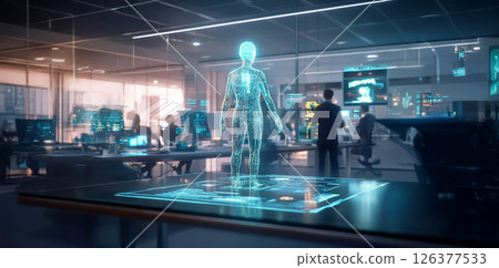 A futuristic office with a floating AI assistant enhancing productivity through multitasking and digital interfaces. Generated image 126377533