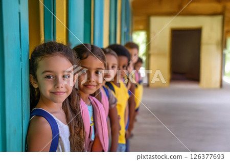 Group of Children Waiting in Line to Enter Schoo.Generated image 126377693