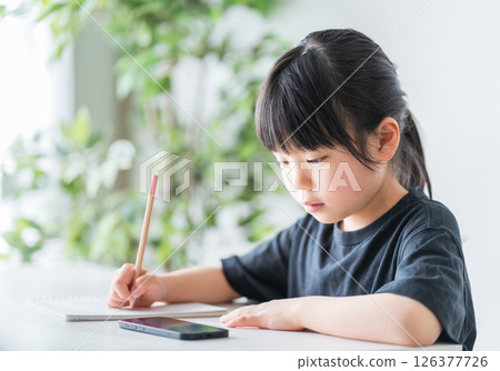 An elementary school girl studying at home. 126377726