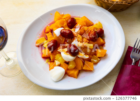 Orange salad with boiled egg. Traditional spanish dish Orange salad with boiled egg. Traditional spanish dish 126377746