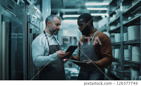 Factory Manager Collaborates with Migrant Worker Using Tablet Technology on the Production Floor. Generated image 126377749