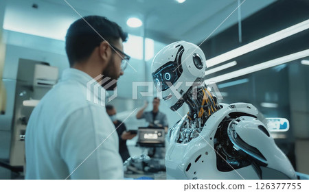 Group of Engineers Working on Robotics with Robots in a Laboratory. Generated image Group of Engineers Working on Robotics with Robots in a Laboratory. Generated image 126377755