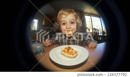 Happy child enjoying a delicious snack in natural daylight, captured with a fish eye lens. Generated image Happy child enjoying a delicious snack in natural daylight, captured with a fish eye lens. Generated image 126377792