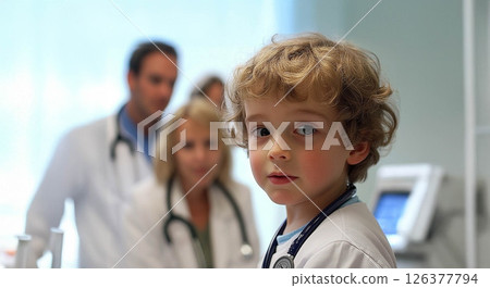 Child Undergoing Medical Checkup with a Doctor, While Concerned Adults Observe in the Background. Generated image 126377794