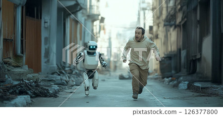 Man Running Through City Streets, Escaping a Robot Controlled by Artificial Intelligence. Generated image 126377800