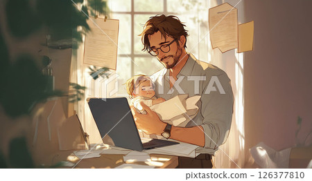 Father joyfully embracing his sons at home, lying on the floor and sharing laughter. Generated image 126377810