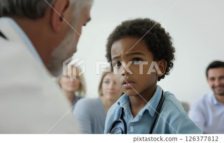 Child Undergoing Medical Checkup with a Doctor, While Concerned Adults Observe in the Background. Generated image 126377812
