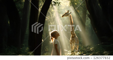 A young girl smiles in awe as she watches a graceful giraffe move through a sunlit forest. Generated image A young girl smiles in awe as she watches a graceful giraffe move through a sunlit forest. Generated image 126377832