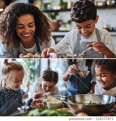 Children Enjoy Cooking and Learning Together in a Fun and Interactive Kitchen Class. Generated image Children Enjoy Cooking and Learning Together in a Fun and Interactive Kitchen Class. Generated image 126377873