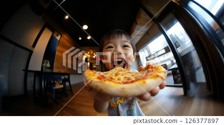 Happy child enjoying a delicious snack in natural daylight, captured with a fish eye lens. Generated image 126377897