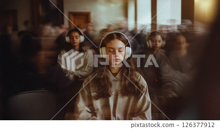 Vibrant Energy: A Group of 23 Year Old Students Enjoying Music with Motion Blur Effect. Generated image 126377912