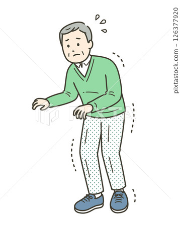 Illustration of an elderly man with trembling and stiff limbs walking fearfully 126377920