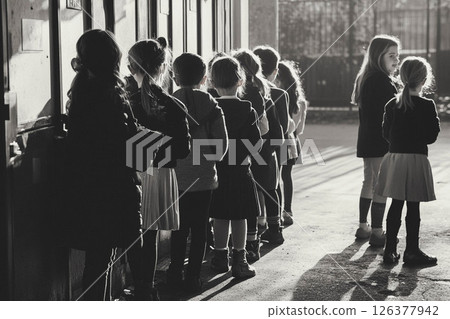 Group of Children Waiting in Line to Enter Schoo.Generated image 126377942