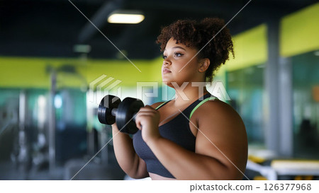 Plus size woman lifting dumbbells and training indoors at the gym, showcasing strength and determination. Generated image 126377968