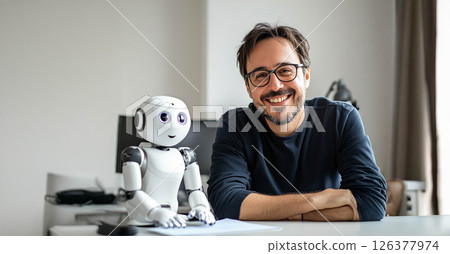 Happy Office Worker Collaborating with Robot Assistant on Tasks. Generated image 126377974