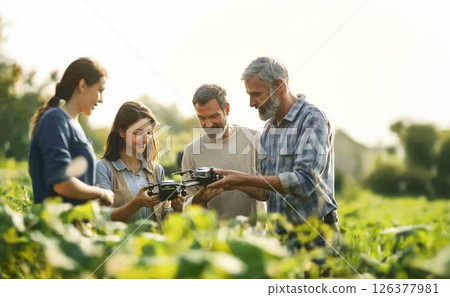 A diverse group of farmers inspecting smart farming technology in a field during autumn. Generated image 126377981