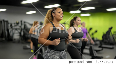 Plus size woman lifting dumbbells and training indoors at the gym, showcasing strength and determination. Generated image 126377985
