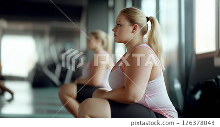 Plus size woman focused on training with battle ropes in the gym, showcasing strength and determination. Generated image Plus size woman focused on training with battle ropes in the gym, showcasing strength and determination. Generated image 126378043