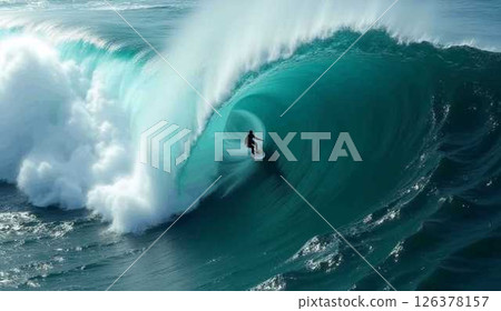 Surfer riding a wave crashing into the ocean 126378157