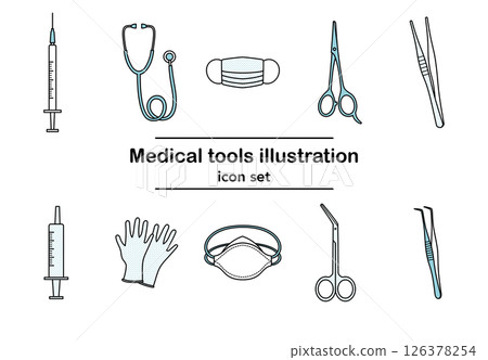 Black and white line drawing illustration of medical equipment icon set | Syringe, mask, scissors, tweezers, stethoscope (monochrome color) 126378254