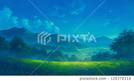 Grassland and mountain landscape, anime style 126378318