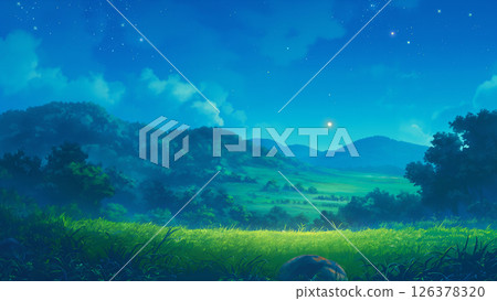 Deserted grassland at night, cartoon style 126378320