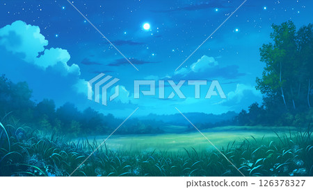 夜空與草原景觀，動畫風格 126378327