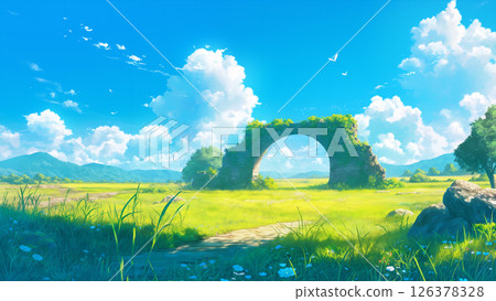 草原景觀與古代遺址，動漫風格 126378328